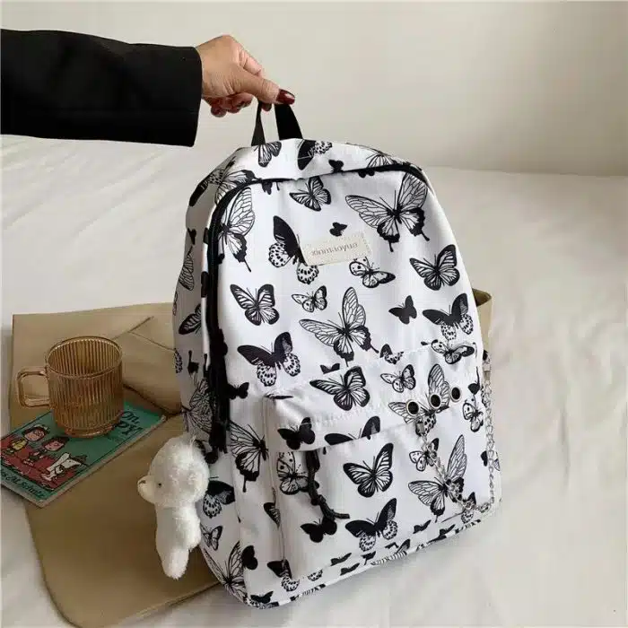 Butterfly Print Backpack with Soft Plush Charm