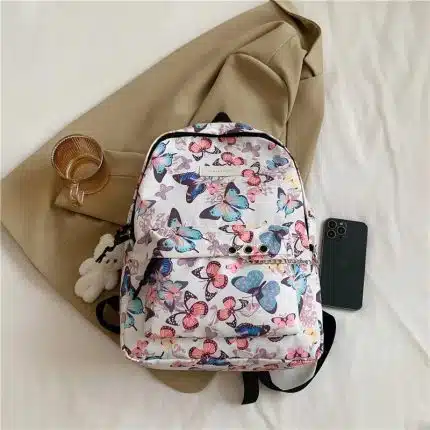 Butterfly Print Backpack with Soft Plush Charm