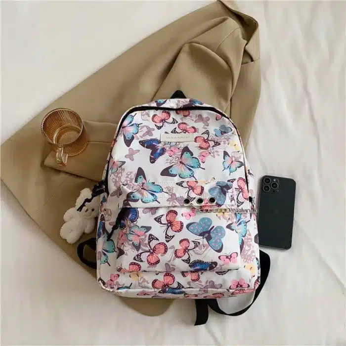 Butterfly Print Backpack with Soft Plush Charm