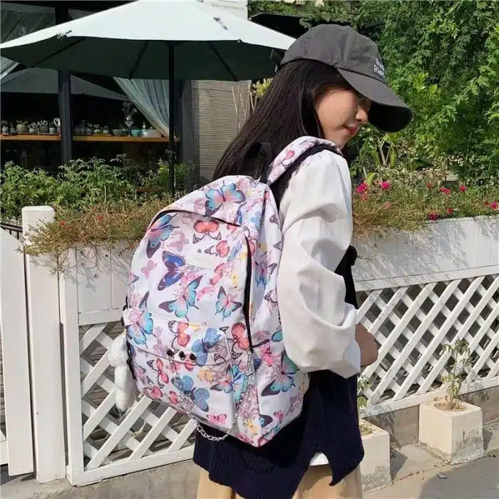 Butterfly Print Backpack with Soft Plush Charm