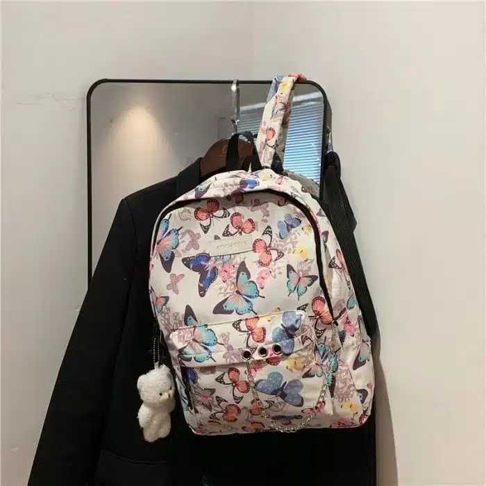 Butterfly Print Backpack with Soft Plush Charm