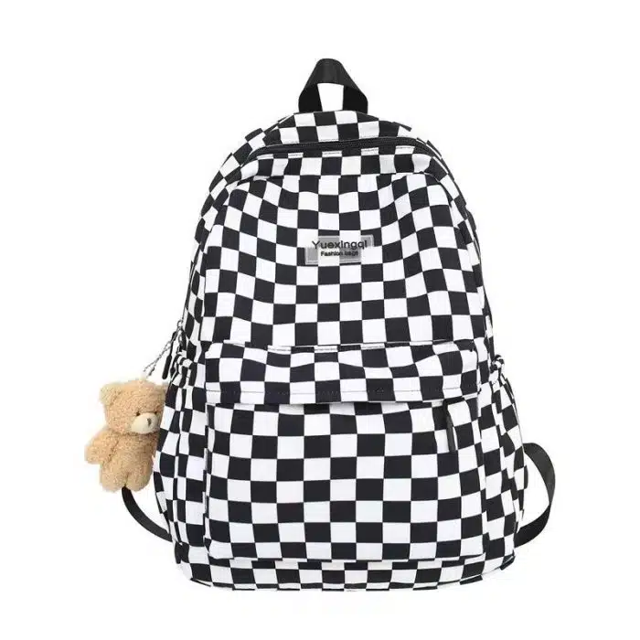 Checkered Black and White Backpack with Teddy Bear Charm - Trendy Casual Bag