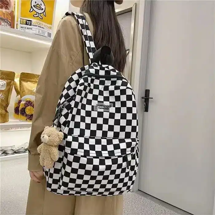 Checkered Black and White Backpack with Teddy Bear Charm - Trendy Casual Bag