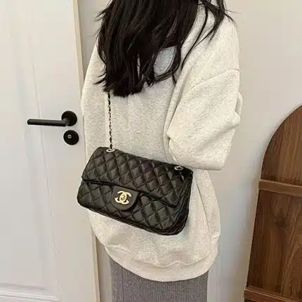 Luxury Black Quilted Leather Handbag with Gold Chain Strap