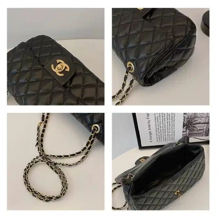 Luxury Black Quilted Leather Handbag with Gold Chain Strap