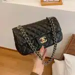 Luxury Black Quilted Leather Handbag with Gold Chain Strap