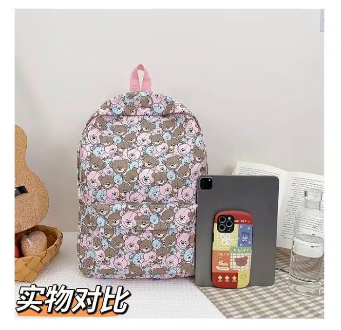 Pink Teddy Bear Cartoon Print Backpack - Cute and Fun Design for All Ages