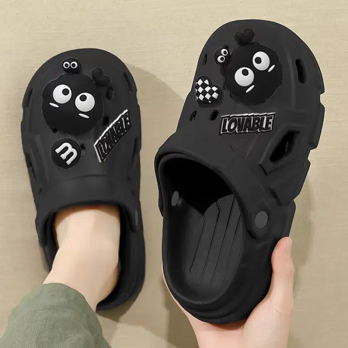 Cartoon Embellished Black Clogs – Fun and Comfortable Slip-On Sandals